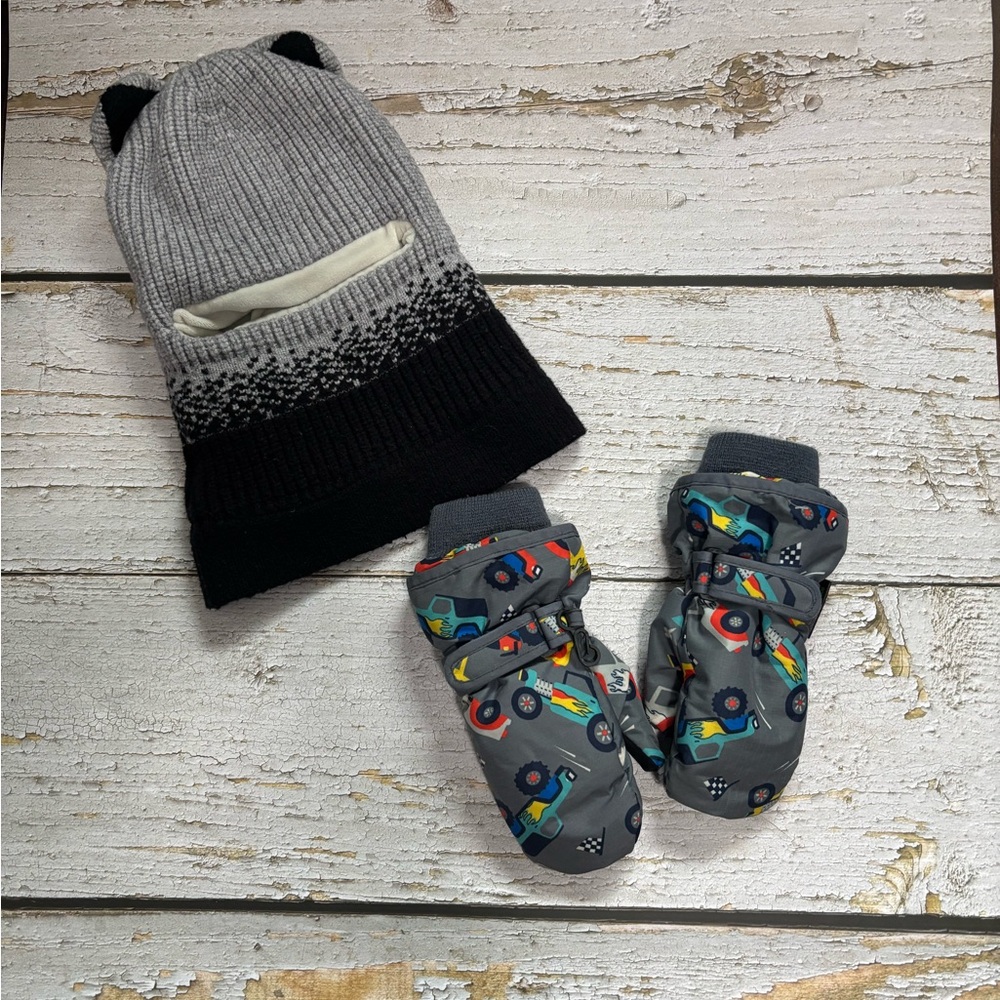 Kids Gray and Black Hat and Scarf with Waterproof Mittens Set